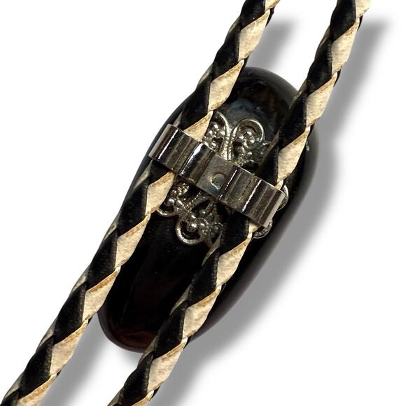 VTG Obsidian Bolo Tie Western Southwestern White Black Braid Cord Leather Unisex - Picture 10 of 12